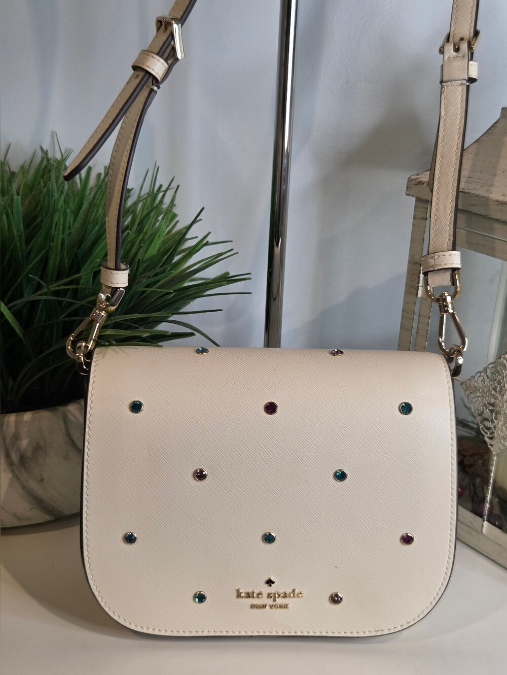 Kate Spade Madison Saffiano Leather Studded Saddle Bag Meringue